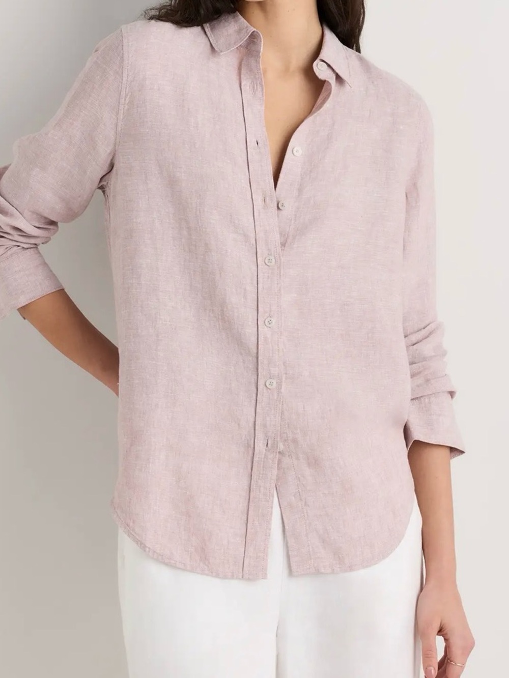 New Quince 100% European Linen Button-Down Long Sleeve Top Pink Chambray Medium